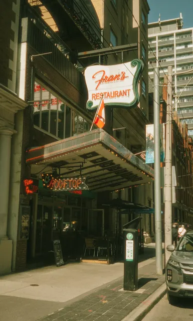 The exterior of Fran's Diner in downtown Toronto on a sunny summer afternoon.