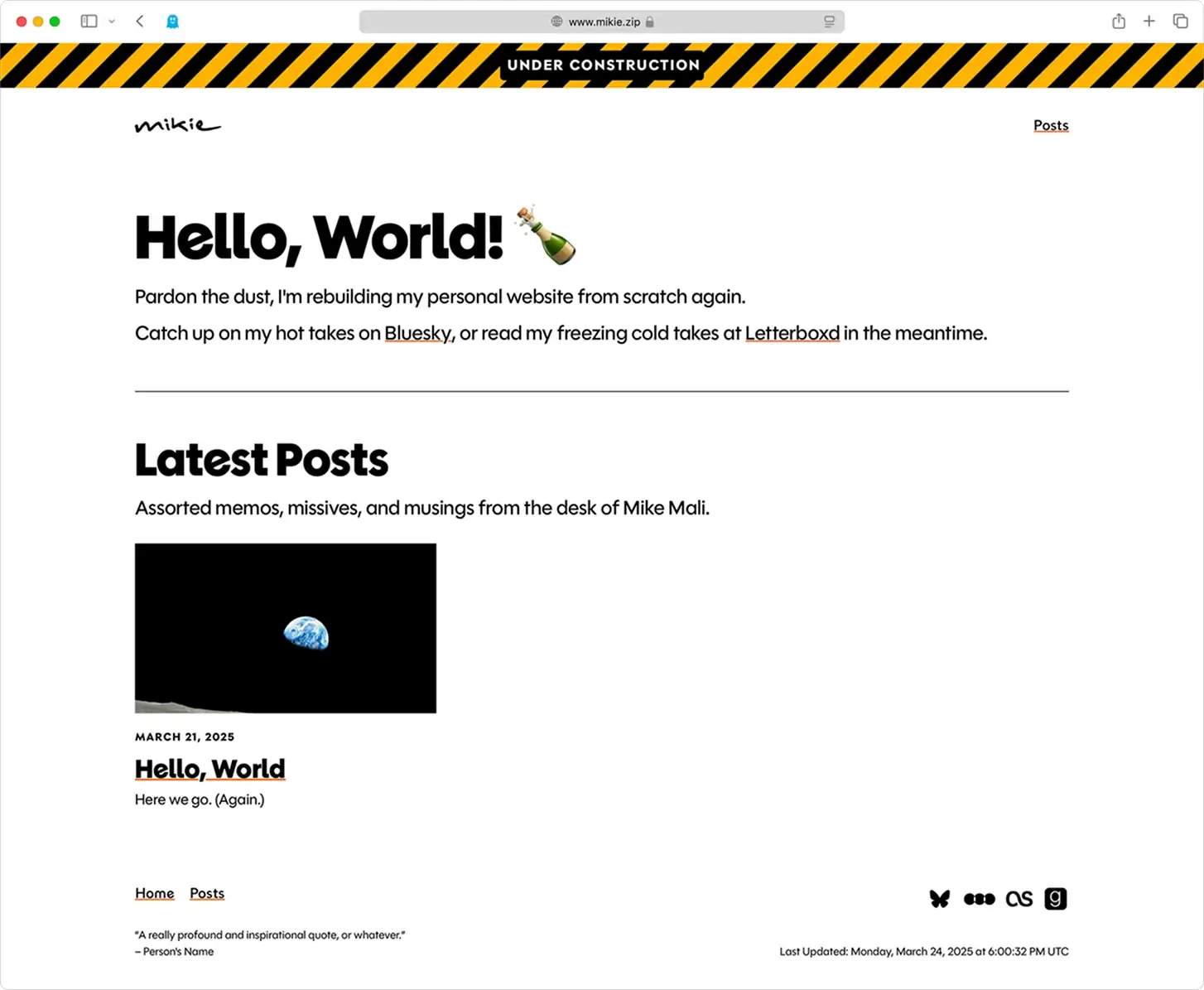 A screenshot of the home page of this website at the time of writing this post. It is a basic black & white light theme, with some typography choices made. There is a page header with some introduction text, and a featured posts grid below that linking to a single blog post.