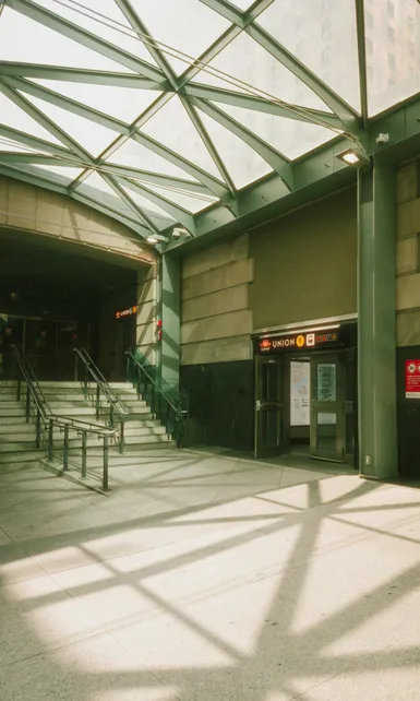 A rare photograph of an empty Union Station in downtown Toronto during a sunny afternoon.