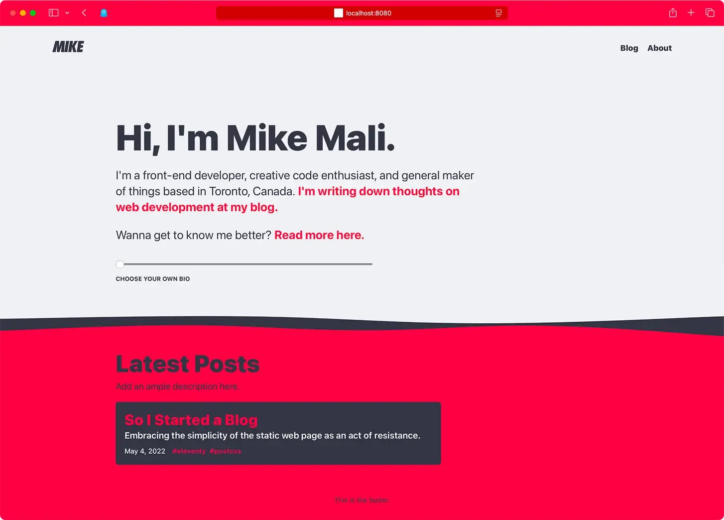 A screenshot of an earlier version of this site circa 2022. It uses a very striking hot pink color. It has a similar layout, with an introduction and a post list containing one post.