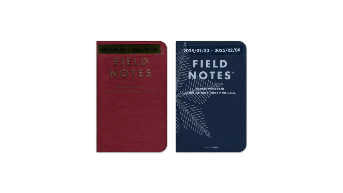 A digital scan of the covers of the journals I used during January, 2025. The first is the Field Notes “Vintage” edition pocket notebook, burgundy paper with gold lettering. The second is a Field Notes ”Snowy Evening” edition pocket notebook, dark blue paper and white lettering and a unique snowflake design.
