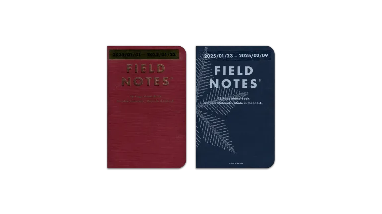 A digital scan of the covers of the journals I used during January, 2025. The first is the Field Notes “Vintage” edition pocket notebook, burgundy paper with gold lettering. The second is a Field Notes ”Snowy Evening” edition pocket notebook, dark blue paper and white lettering and a unique snowflake design.
