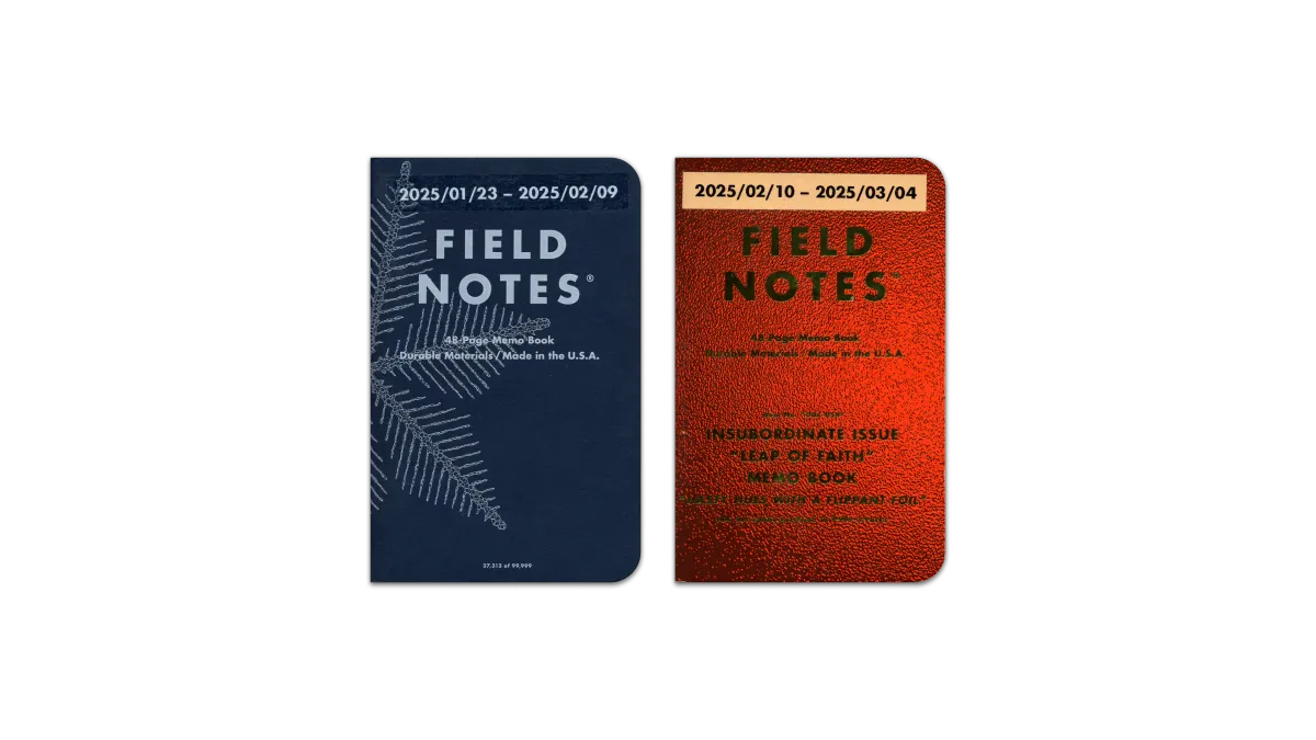 A digital scan of the covers of the journals I used during February, 2025. The first is the Field Notes ”Snowy Evening” edition pocket notebook, dark blue paper and white lettering and a unique snowflake design. The second is the DDC x Field Notes “Leap of Faith” edition pocket notebook, featuring neon orange paper with neon green foil lettering.