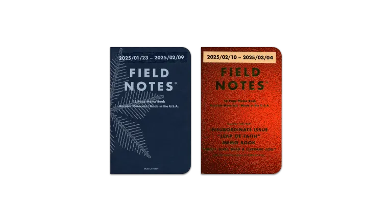 A digital scan of the covers of the journals I used during February, 2025. The first is the Field Notes ”Snowy Evening” edition pocket notebook, dark blue paper and white lettering and a unique snowflake design. The second is the DDC x Field Notes “Leap of Faith” edition pocket notebook, featuring neon orange paper with neon green foil lettering.