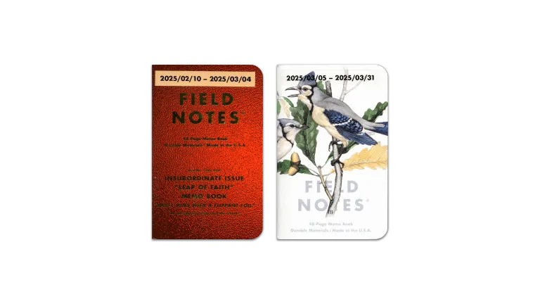 A digital scan of the covers of the journals I used during March, 2025. The first is the DDC x Field Notes “Leap of Faith” edition pocket notebook, featuring neon orange paper with neon green foil lettering. The second is the Field Notes “Birds and Trees” edition pocket notebook, featuring white paper with light-grey lettering, and an illustration of a Blue Jay.