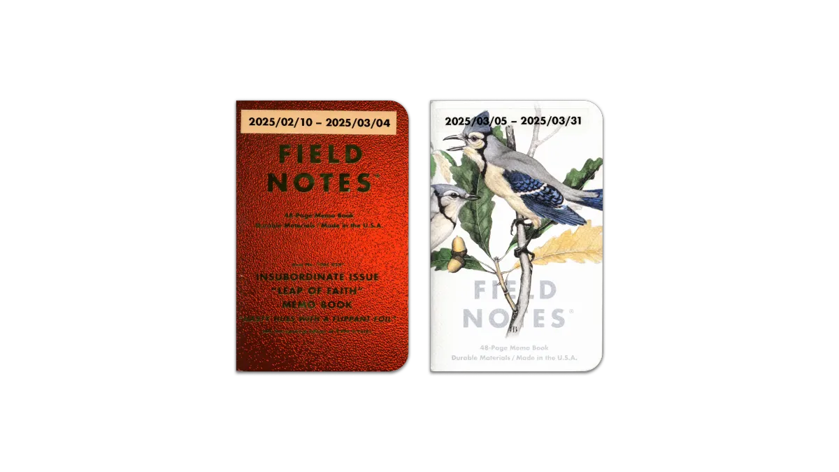 A digital scan of the covers of the journals I used during March, 2025. The first is the DDC x Field Notes “Leap of Faith” edition pocket notebook, featuring neon orange paper with neon green foil lettering. The second is the Field Notes “Birds and Trees” edition pocket notebook, featuring white paper with light-grey lettering, and an illustration of a Blue Jay.
