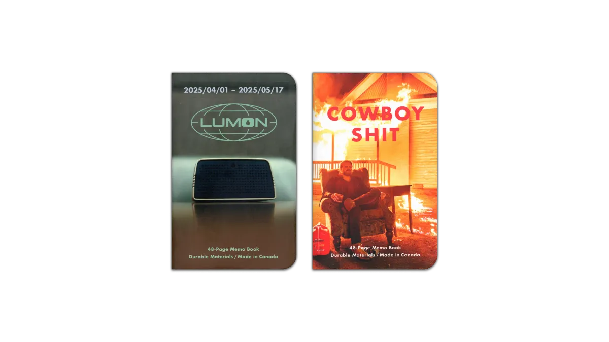 A digital scan of the cover of the journals I used during May, 2025. The first is a custom MIKIE NOTES ‘Lumon Industries’ edition, featuring an image of a conference speaker on a desk, from a episode of Severance, Season 1. The second s a custom MIKIE NOTES ‘Cowboy Shit’ edition, featuring an image of a ‘Hangman’ Adam Page sitting in an arm chair drinking a glass of whiskey on the lawn of a home he had just burned down, from an episode of AEW Dynamite.