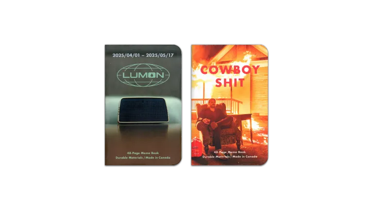 A digital scan of the cover of the journals I used during May, 2025. The first is a custom MIKIE NOTES ‘Lumon Industries’ edition, featuring an image of a conference speaker on a desk, from a episode of Severance, Season 1. The second s a custom MIKIE NOTES ‘Cowboy Shit’ edition, featuring an image of a ‘Hangman’ Adam Page sitting in an arm chair drinking a glass of whiskey on the lawn of a home he had just burned down, from an episode of AEW Dynamite.